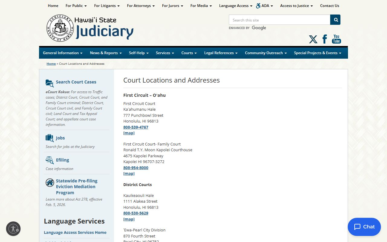 Hawaii court locations and addresses - all circuit courthouses directory