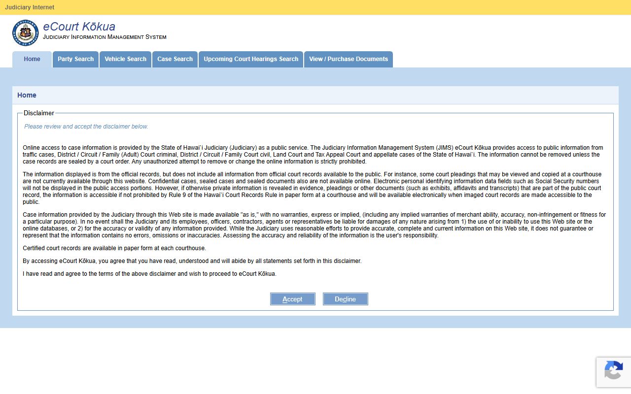 eCourt Kokua portal - Hawaii court records search system