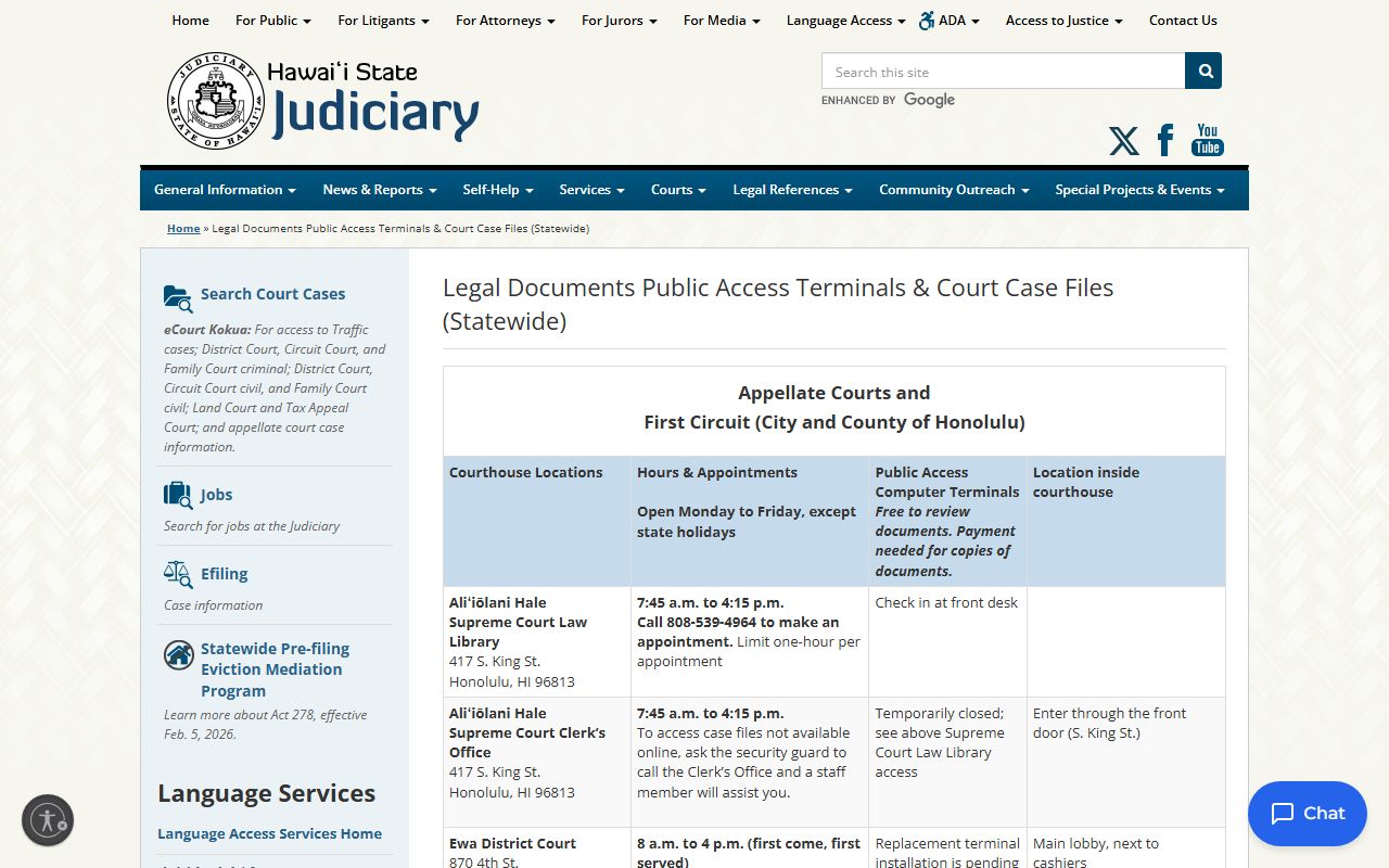 Hawaii legal documents public access terminals - free court records search